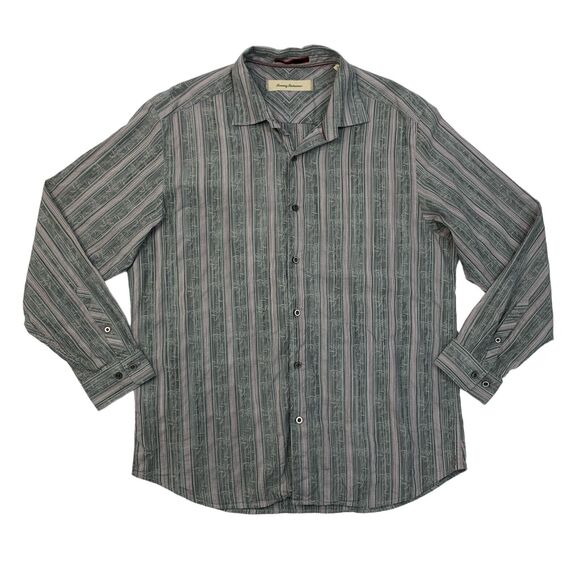 Tommy Bahama Shirt Mens Large Grey Burgundy Silk Cotton Blend Stripe Long Sleeve - Picture 1 of 12